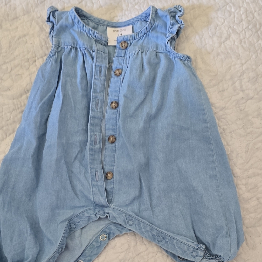 Okie Dokie Baby Girl Denim Romper 3M Light Wash Blue Cotton Ruffle Sleeveless